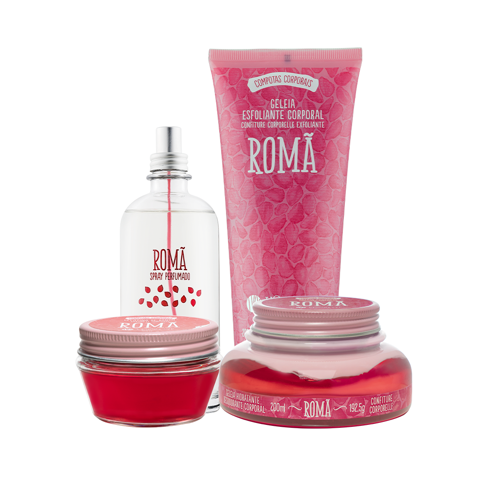 Combo Romã Cuidado Diário: Gelatina, Esfoliante, Hidratante e Spray Perfumado